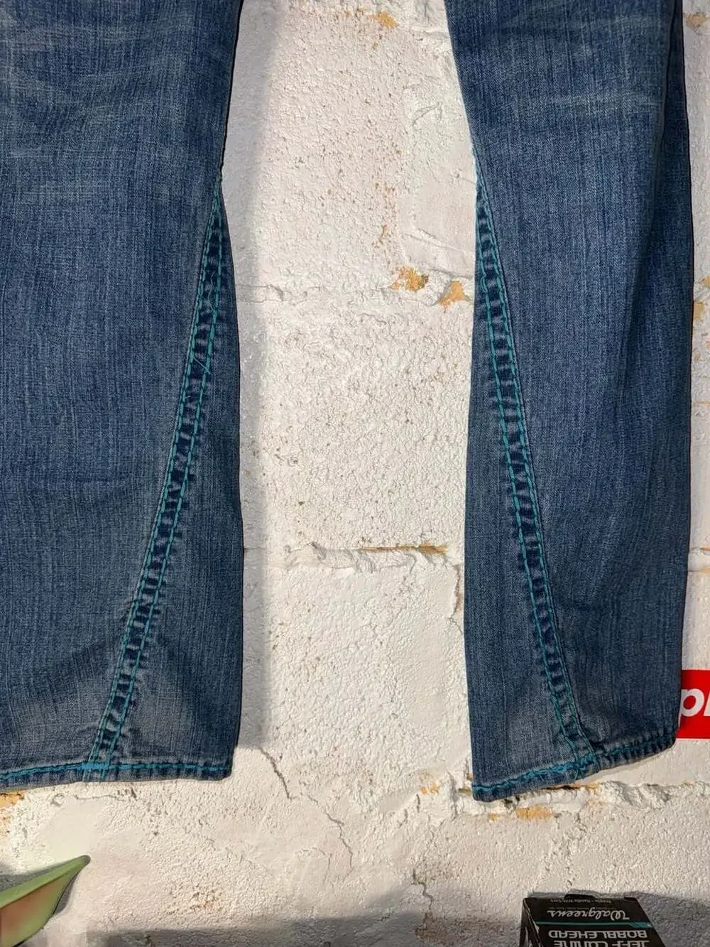 True Religion Billy Super T Teal Contrast Stitching Straight Leg Jeans